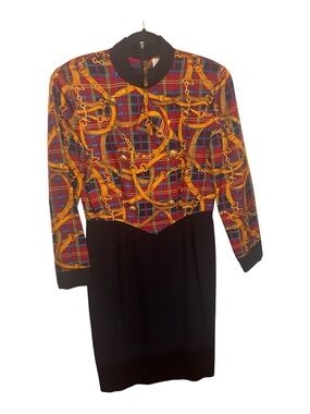 Saks Fifth Avenue Richard Warren Plaid Chain Print Dress Red Black Gold 10